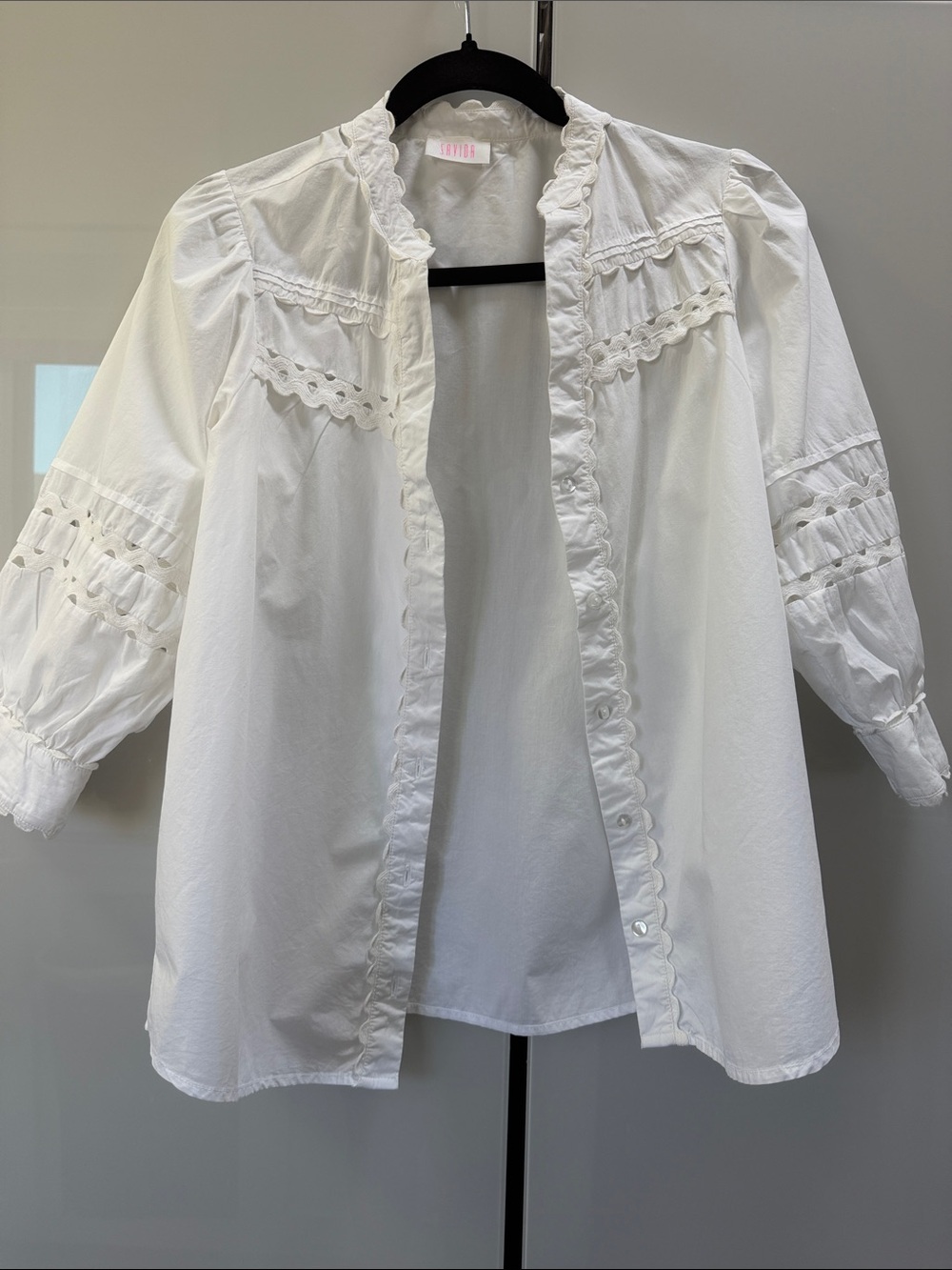 Women’s White Ruffle-Trim Button Down Blouse